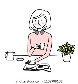 Reader enjoy interesting book while drinking coffee in a cafe. Cute woman holding a cup of tea and turning a page of book she reading. Teapot, saucer and a vase full of flowers also placed on table. 