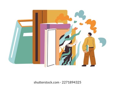 Reader with fantasy world or imagination. Isolated male character with books and publications, novels and literature hobby. Bookworm with pastime or leisure activity. Vector in flat style illustration