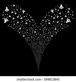 Reader fireworks stream. Vector illustration style is flat white iconic symbols on a black background. Object double fountain organized from random pictograms.