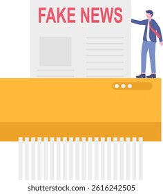 Reader hand uses scissors and cuts newspaper with fake news. Articles in press with lies and hoax.


