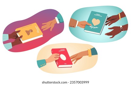 Reader hands exchanging or swapping books set. Diverse student persons sharing giving textbooks to each other. Literature reading, university education, knowledge concept flat vector illustration