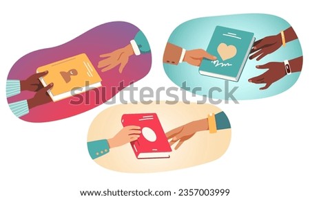 Reader hands exchanging or swapping books set. Diverse student persons sharing giving textbooks to each other. Literature reading, university education, knowledge concept flat vector illustration