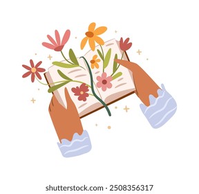 Manos del lector que sostienen el libro abierto con el herbario de las flores. Libro de texto aislado o diario con ramos y plantas florecientes con hojas y pétalos. Leer e impulsar la creatividad y la inspiración