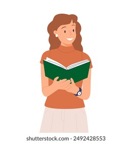 Reader holding and reading interesting book in hand. Engaged character studying literature, excited about learning. Happy woman enjoying fiction. Flat vector illustration isolated on white background