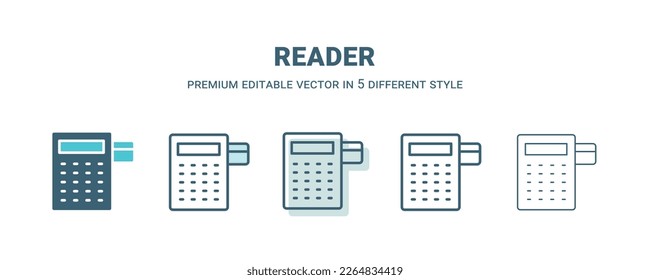 reader icon in 5 different style. Outline, filled, two color, thin reader icon isolated on white background. Editable vector can be used web and mobile

