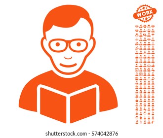 Reader icon with bonus human pictograms. Vector illustration style is flat iconic orange symbols on white background.