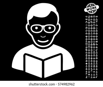 Reader icon with bonus men clip art. Vector illustration style is flat iconic white symbols on black background.