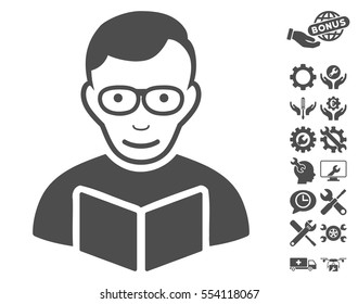 Reader icon with bonus service clip art. Vector illustration style is flat iconic gray symbols on white background.