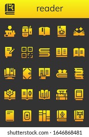 reader icon set. 26 filled reader icons. Included Books, Book, Payment terminal, QR, Ebook icons