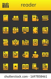 reader icon set. 26 filled reader icons. Included Book, Books, Ebook, Payment terminal icons