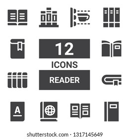 reader icon set. Collection of 12 filled reader icons included Book, Books, Scan