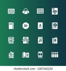 reader icon set. Collection of 16 filled reader icons included Books, Ereader, Book, Audiobook, Scanner, Fast forward