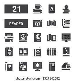 reader icon set. Collection of 21 filled reader icons included Scanner, Book, Ebook, Books