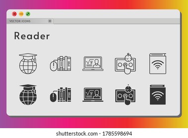 reader icon set. included professor, audiobook, books, school icons on white background. linear, filled styles.