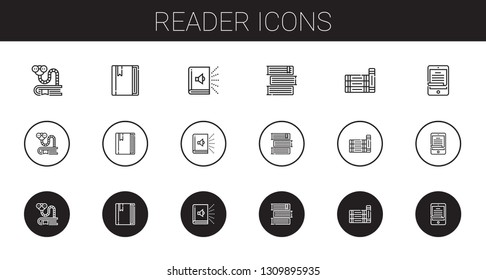 reader icons set. Collection of reader with bookworm, book, audiobook, books, ereader. Editable and scalable reader icons.