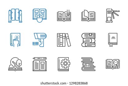 reader icons set. Collection of reader with open book, books, book, scanning, turnstiles. Editable and scalable reader icons.