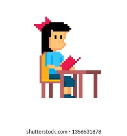 Reader in the library. Young man. Pixel art. Old school computer graphic. Element design stickers, logo, mobile app, menu. 8 bit video game. Game assets 8-bit sprite. 16-bit.