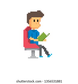 Reader in the library. Young man. Pixel art. Old school computer graphic. Element design stickers, logo, mobile app, menu. 8 bit video game. Game assets 8-bit sprite. 16-bit.