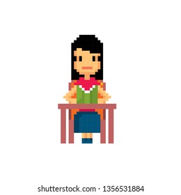 Reader in the library. Young man. Pixel art. Old school computer graphic. Element design stickers, logo, mobile app, menu. 8 bit video game. Game assets 8-bit sprite. 16-bit.