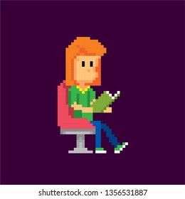 Reader in the library. Young man. Pixel art. Old school computer graphic. Element design stickers, logo, mobile app, menu. 8 bit video game. Game assets 8-bit sprite. 16-bit.