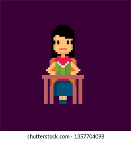 Reader in the library. Young man. Pixel art. Old school computer graphic. Element design stickers, logo, mobile app, menu. 8 bit video game. Game assets 8-bit sprite. 16-bit.