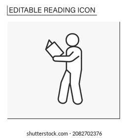 Reader line icon. Man walking in the room and reading an interesting book. Process of acquiring skills and knowledges.Reading concept. Isolated vector illustration. Editable stroke