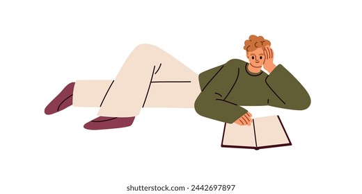 Lector mintiendo, leyendo un libro de ficción. Hombre feliz que se relaja, que descansa con la literatura interesante en el tiempo libre. El estudio del carácter, el aprendizaje. Ilustración vectorial plana aislada sobre fondo blanco