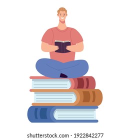 reader man reading book seated in lotus position character vector illustration design