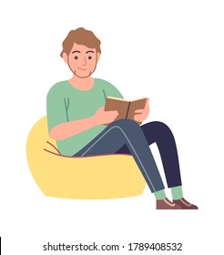 Reader. Man reading literature sitting on yellow armchair, studying in university or library, read interesting book in home modern vector flat cartoon illustration