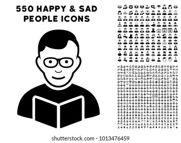 Reader pictograph with 550 bonus pitiful and happy people design elements. Vector illustration style is flat black iconic symbols.