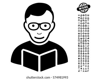 Reader pictograph with bonus avatar images. Vector illustration style is flat iconic black symbols on white background.