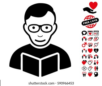 Reader pictograph with bonus lovely pictograph collection. Vector illustration style is flat iconic intensive red and black symbols on white background.