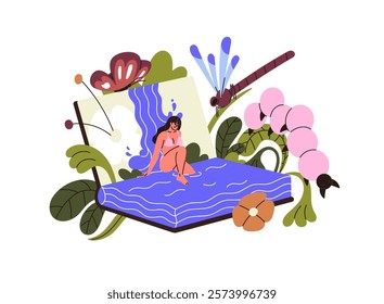 Reader reading magic story, adventure novel about exotic world. Woman swimming in water in tale. Open book with waterfall. Imagination concept. Flat isolated vector illustration on white background