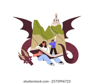 Reader reads adventure story about dragon and heroes. Fiction novel, fantasy literature. Tiny people hold big paper book. Concept of imagination. Flat isolated vector illustration on white background