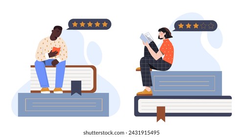 Reader recommendation concept. Man and woman near books with ratings and rankings. Feedback and reviews for readers. Love for literature. Cartoon flat vector illustration isolated on white background