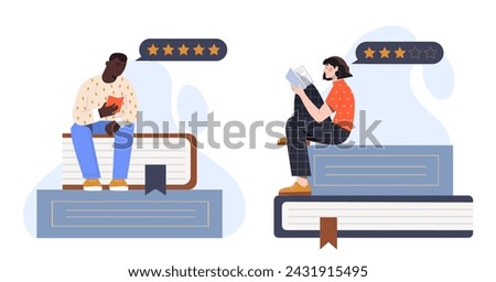 Reader recommendation concept. Man and woman near books with ratings and rankings. Feedback and reviews for readers. Love for literature. Cartoon flat vector illustration isolated on white background