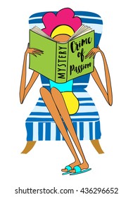 Reader - Redhead woman reading mystery novel in the summer lounge chair