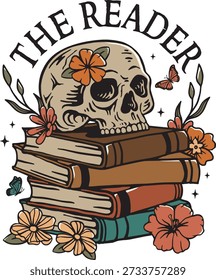 The Reader Skull with Books and Flowers Vector Illustration