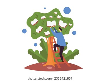 A reader takes books off a tree. Conceptual flat vector illustration about library, books and reading.