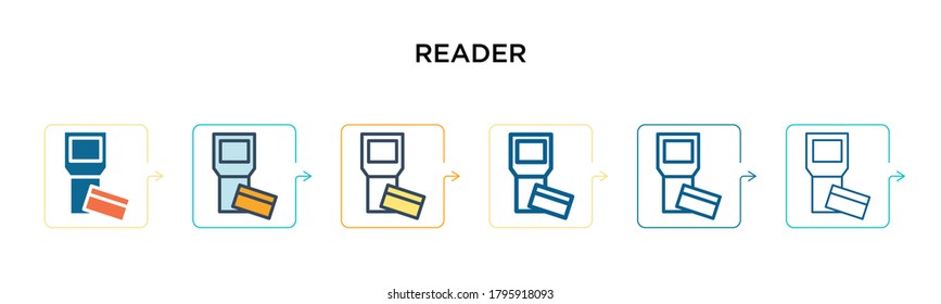 Reader vector icon in 6 different modern styles. Black, two colored reader icons designed in filled, outline, line and stroke style. Vector illustration can be used for web, mobile, ui