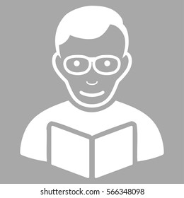 Reader vector icon. Flat white symbol. Pictogram is isolated on a silver background. Designed for web and software interfaces.