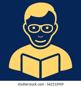 Reader vector icon. Flat yellow symbol. Pictogram is isolated on a blue background. Designed for web and software interfaces.