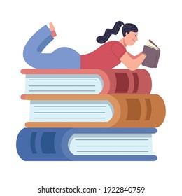reader woman reading book lying down in pile books character vector illustration design