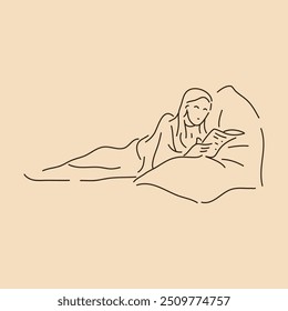 Reader woman reading book lying down. Line art drawing. Sketch outline vector illustration