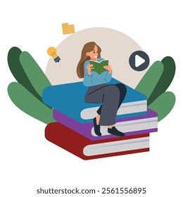 Reader, woman sitting on a stack of giant books. girl spending her free time reading a fiction book. vector illustration.