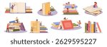 Readers of books, smart characters studying. Vector isolated small people and large volumes of published material. Shop or library, hobby literature or educational textbooks in bookstores