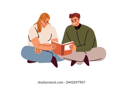 Readers couple holding book, reading literature, story. Happy people, man and woman sitting, looking album, catalog together at leisure time. Flat vector illustration isolated on white background