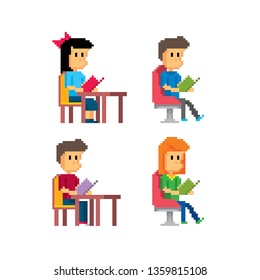 Readers in the library set. Young man. Pixel art. Old school computer graphic. Element design stickers, logo, mobile app, menu. 8 bit video game. Game assets 8-bit sprite. 16-bit.