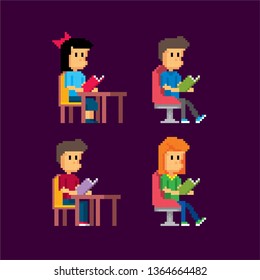 Readers in the library set. Young man. Pixel art. Old school computer graphic. Element design stickers, logo, mobile app, menu. 8 bit video game. Game assets 8-bit sprite. 16-bit.