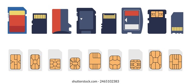 Lectores y Memory Stick. Diferentes tarjetas para ordenador, cámara fotográfica, smartphone o televisión. Tarjetas SIM con diferentes chips de seguridad, juego de Vector decente